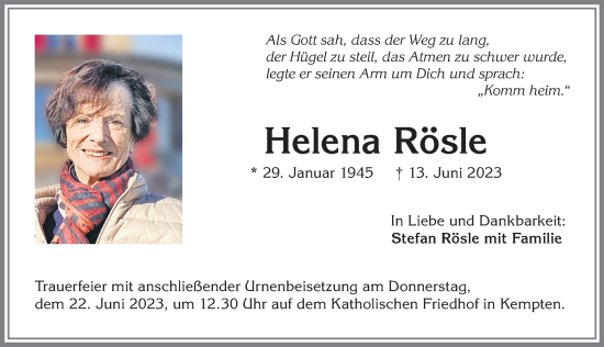 Traueranzeige von Helena Rösle von Allgäuer Zeitung,Kempten