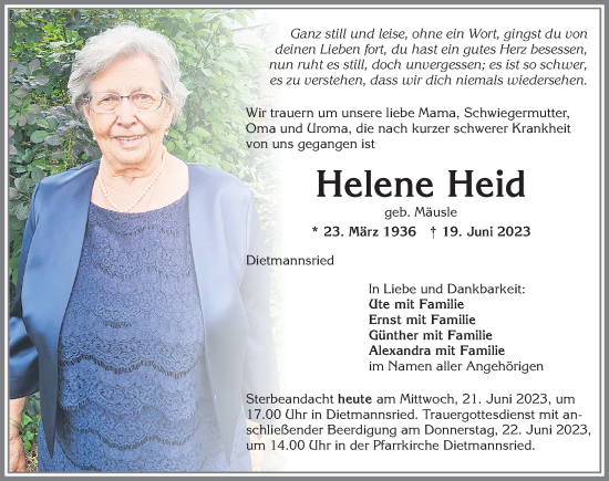 Traueranzeige von Helene Heid von Allgäuer Zeitung,Kempten