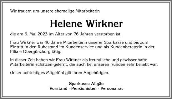 Traueranzeige von Helene Wirkner von Allgäuer Zeitung, Marktoberdorf