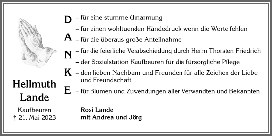 Traueranzeige von Hellmuth Lande von Allgäuer Zeitung, Kaufbeuren/Buchloe