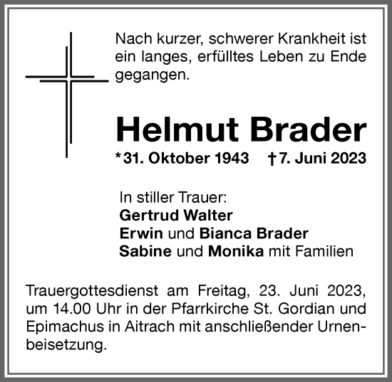 Traueranzeige von Helmut Brader von Memminger Zeitung