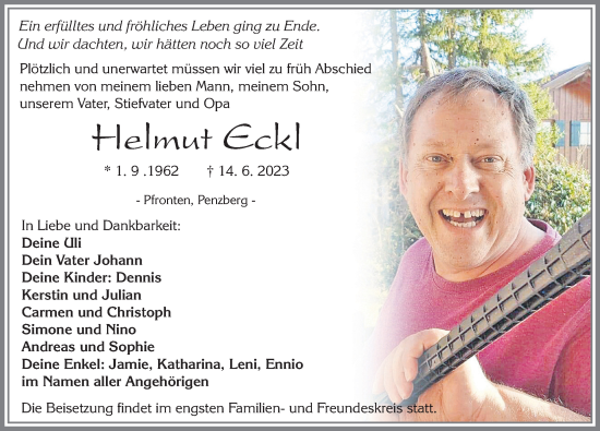 Traueranzeige von Helmut Eckl von Allgäuer Zeitung, Füssen