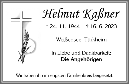 Traueranzeige von Helmut Kaßner von Allgäuer Zeitung, Füssen