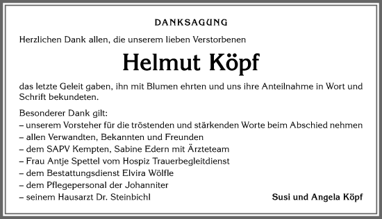 Traueranzeige von Helmut Köpf von Allgäuer Anzeigeblatt