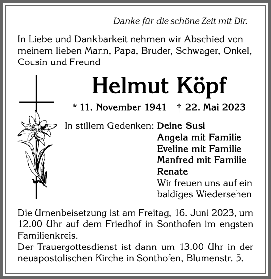 Traueranzeige von Helmut Köpf von Allgäuer Anzeigeblatt