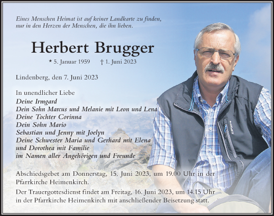 Traueranzeige von Herbert Brugger von Der Westallgäuer