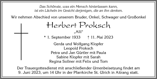Traueranzeige von Herbert Proksch von Allgäuer Zeitung,Kempten