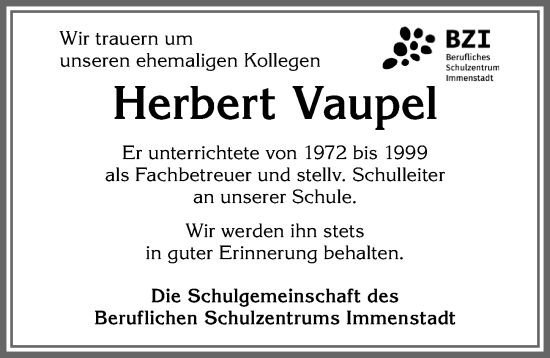 Traueranzeige von Herbert Vaupel von Allgäuer Anzeigeblatt