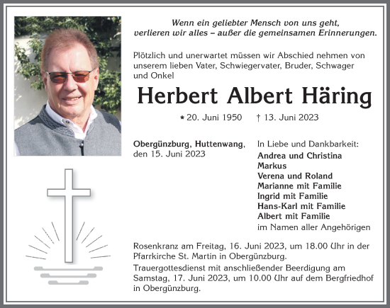 Traueranzeige von Herbert Albert Häring von Allgäuer Zeitung, Marktoberdorf