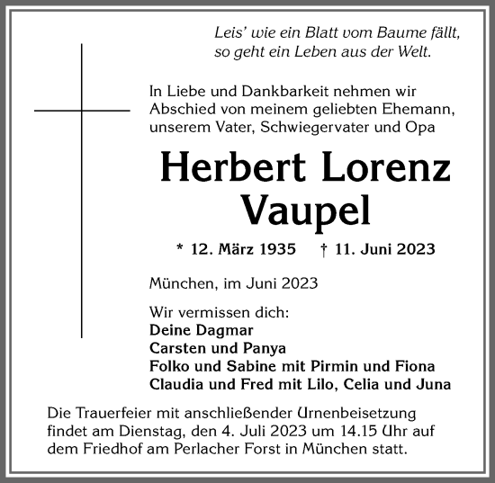Traueranzeige von Herbert Lorenz Vaupel von Allgäuer Anzeigeblatt