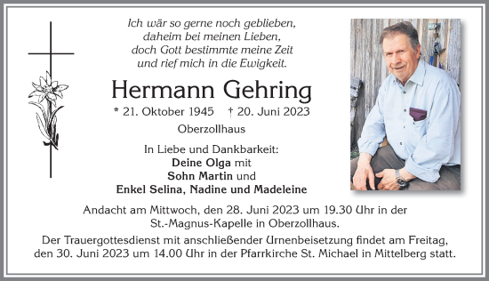 Traueranzeige von Hermann Gehring von Allgäuer Zeitung,Kempten