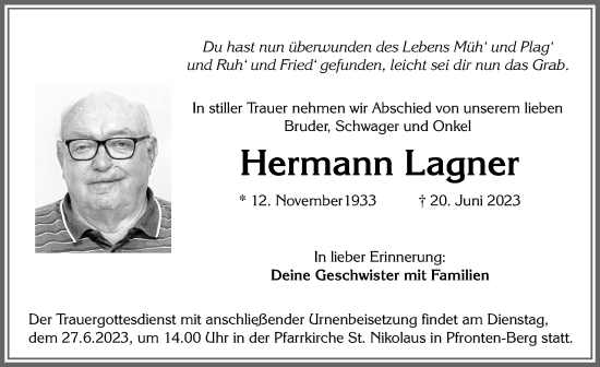 Traueranzeige von Hermann Lagner von Allgäuer Zeitung, Füssen