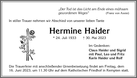Traueranzeige von Hermine Haider von Allgäuer Zeitung,Kempten