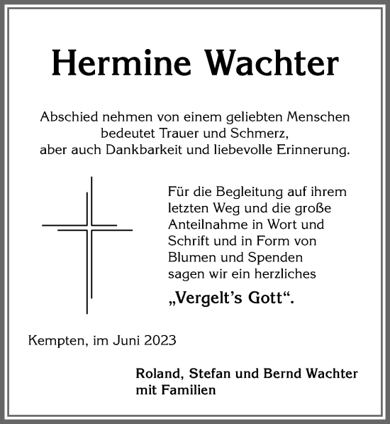 Traueranzeige von Hermine Wachter von Allgäuer Zeitung,Kempten