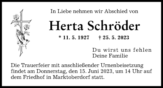 Traueranzeige von Herta Schröder von Allgäuer Zeitung, Marktoberdorf