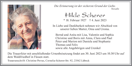 Traueranzeige von Hilde Scherer von Allgäuer Zeitung, Füssen
