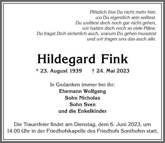 Traueranzeige von Hildegard Fink von Allgäuer Anzeigeblatt