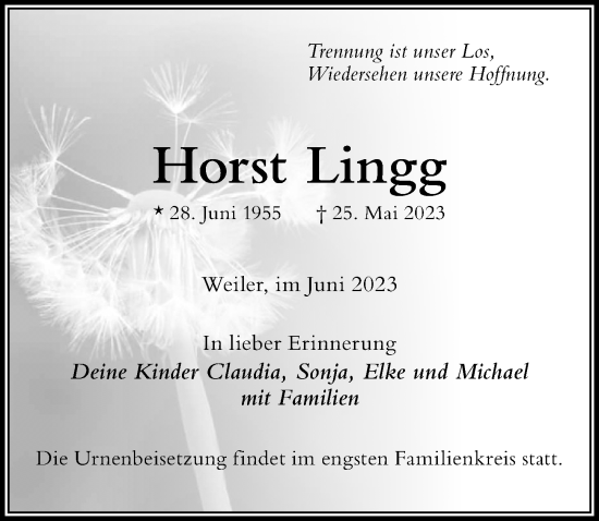 Traueranzeige von Horst Lingg von Der Westallgäuer