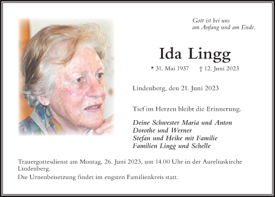 Traueranzeige von Ida Lingg von Der Westallgäuer