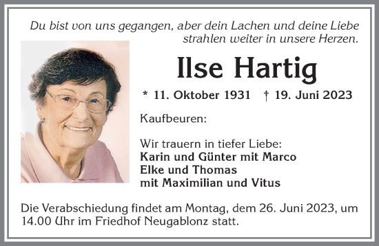 Traueranzeige von Ilse Hartig von Allgäuer Zeitung, Kaufbeuren/Buchloe