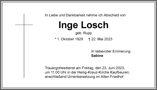 Traueranzeige von Inge Losch von Allgäuer Zeitung, Kaufbeuren/Buchloe