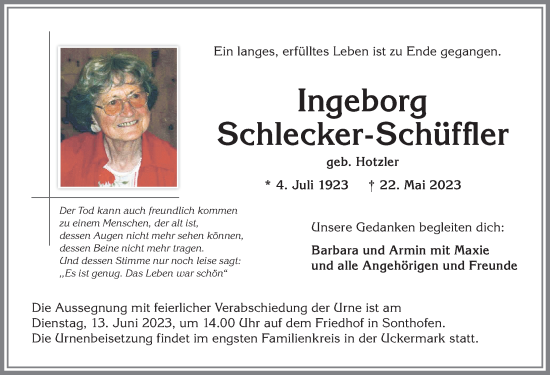 Traueranzeige von Ingeborg Schlecker-Schüffler von Allgäuer Anzeigeblatt