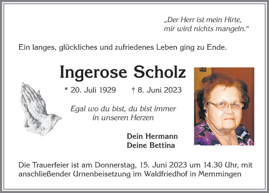 Traueranzeige von Ingerose Scholz von Memminger Zeitung
