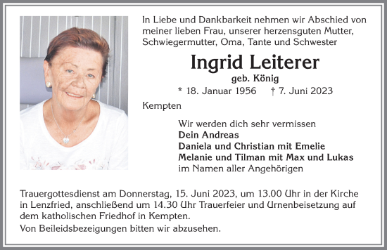 Traueranzeige von Ingrid Leiterer von Allgäuer Zeitung,Kempten