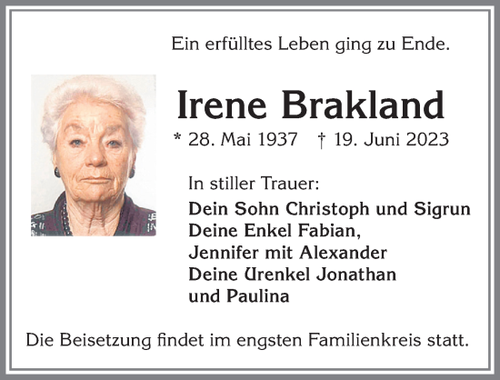 Traueranzeige von Irene Brakland von Allgäuer Zeitung,Kempten
