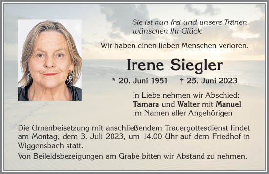 Traueranzeige von Irene Siegler von Allgäuer Zeitung,Kempten