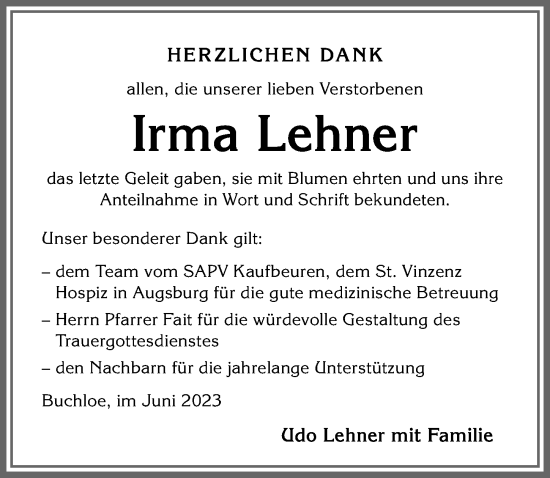 Traueranzeige von Irma Lehner von Allgäuer Zeitung, Kaufbeuren/Buchloe