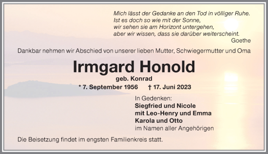 Traueranzeige von Irmgard Honold von Memminger Zeitung