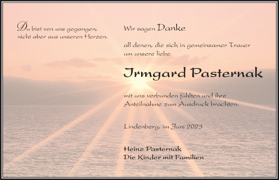 Traueranzeige von Irmgard Pasternak von Der Westallgäuer