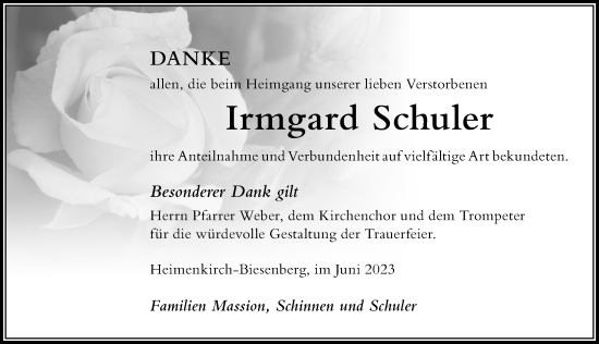 Traueranzeige von Irmgard Schuler von Der Westallgäuer