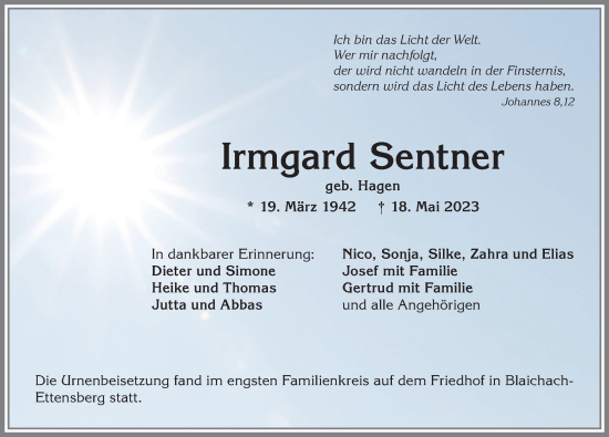 Traueranzeige von Irmgard Sentner von Allgäuer Anzeigeblatt