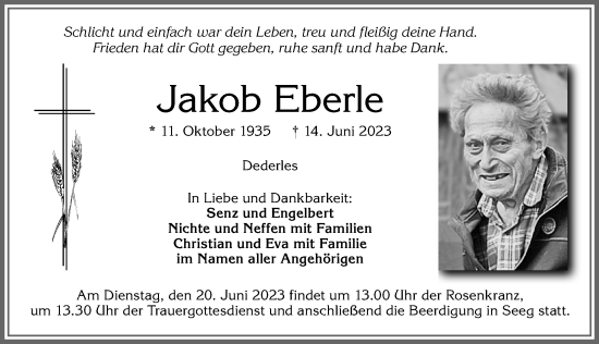 Traueranzeige von Jakob Eberle von Allgäuer Zeitung, Füssen