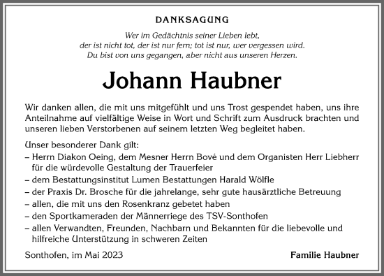 Traueranzeige von Johann Haubner von Allgäuer Anzeigeblatt