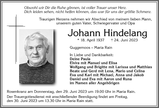 Traueranzeige von Johann Hindelang von Allgäuer Zeitung,Kempten