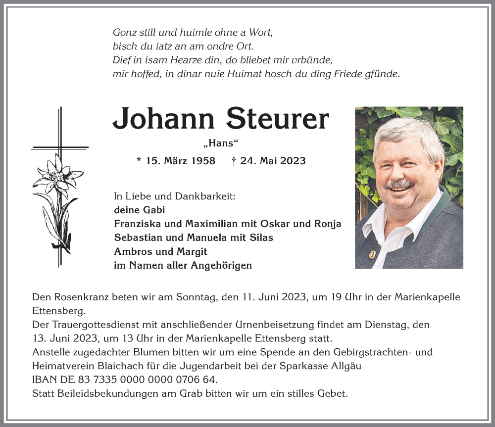  Traueranzeige für Johann Steurer vom 03.06.2023 aus Allgäuer Zeitung, Kaufbeuren/Buchloe