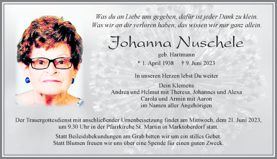 Traueranzeige von Johanna Nuschele von Allgäuer Zeitung, Marktoberdorf