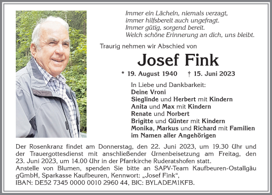 Traueranzeige von Josef Fink von Allgäuer Zeitung, Marktoberdorf