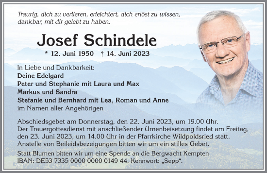 Traueranzeige von Josef Schindele von Allgäuer Zeitung,Kempten