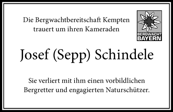 Traueranzeige von Josef Schindele von Allgäuer Zeitung,Kempten