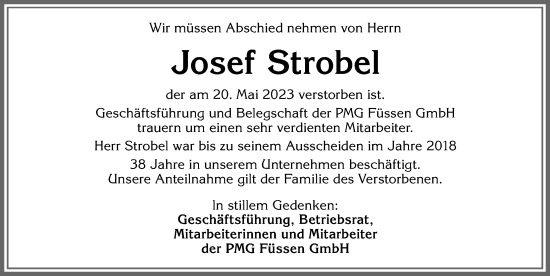 Traueranzeige von Josef Strobel von Allgäuer Zeitung, Füssen