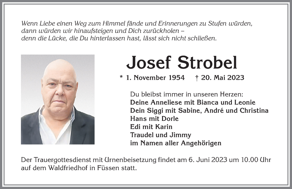  Traueranzeige für Josef Strobel vom 03.06.2023 aus Allgäuer Zeitung, Füssen