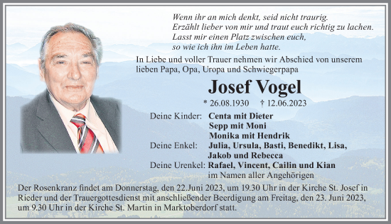 Traueranzeige von Josef Vogel von Allgäuer Zeitung, Marktoberdorf
