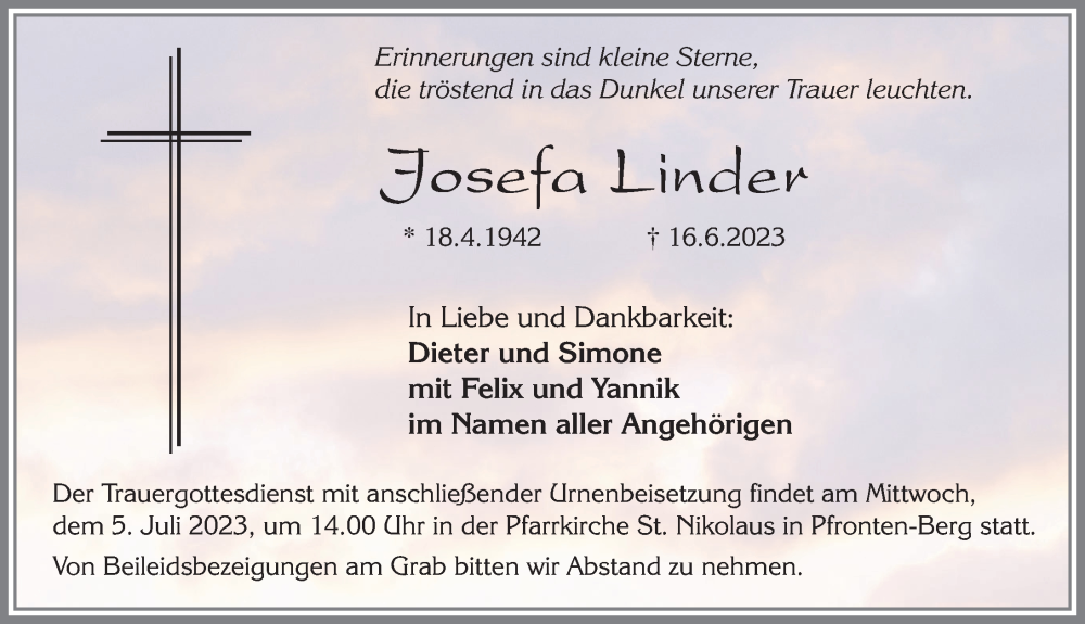  Traueranzeige für Josefa Linder vom 28.06.2023 aus Allgäuer Zeitung, Füssen