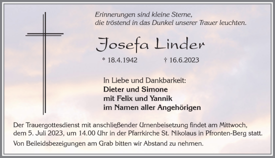 Traueranzeige von Josefa Linder von Allgäuer Zeitung, Füssen