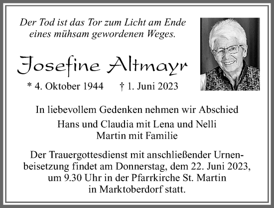 Traueranzeige von Josefine Altmayr von Allgäuer Zeitung, Marktoberdorf