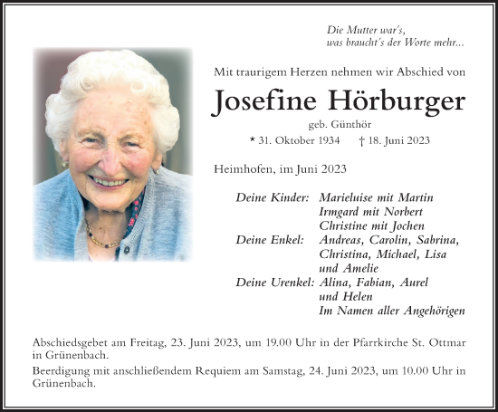 Traueranzeige von Josefine Hörburger von Der Westallgäuer